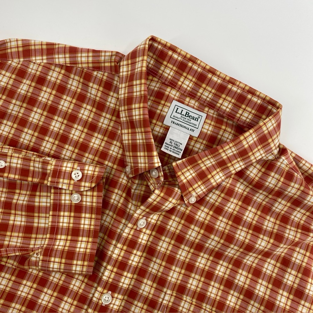 LL Bean Shirt Mens Extra Large Tall Rust Traditional‎ Fit Plaid Fall Cabin XLT